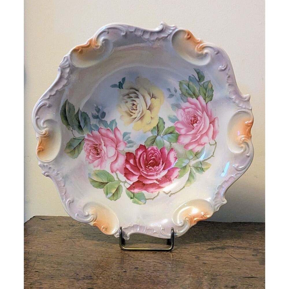 Antique JS Bavaria Vohenstrauss Porcelain Rose Bowl Iridescent Luster 10.5 In